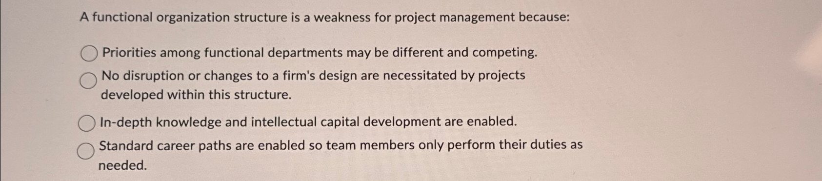  A functional organization structure is a weakness for project management because: