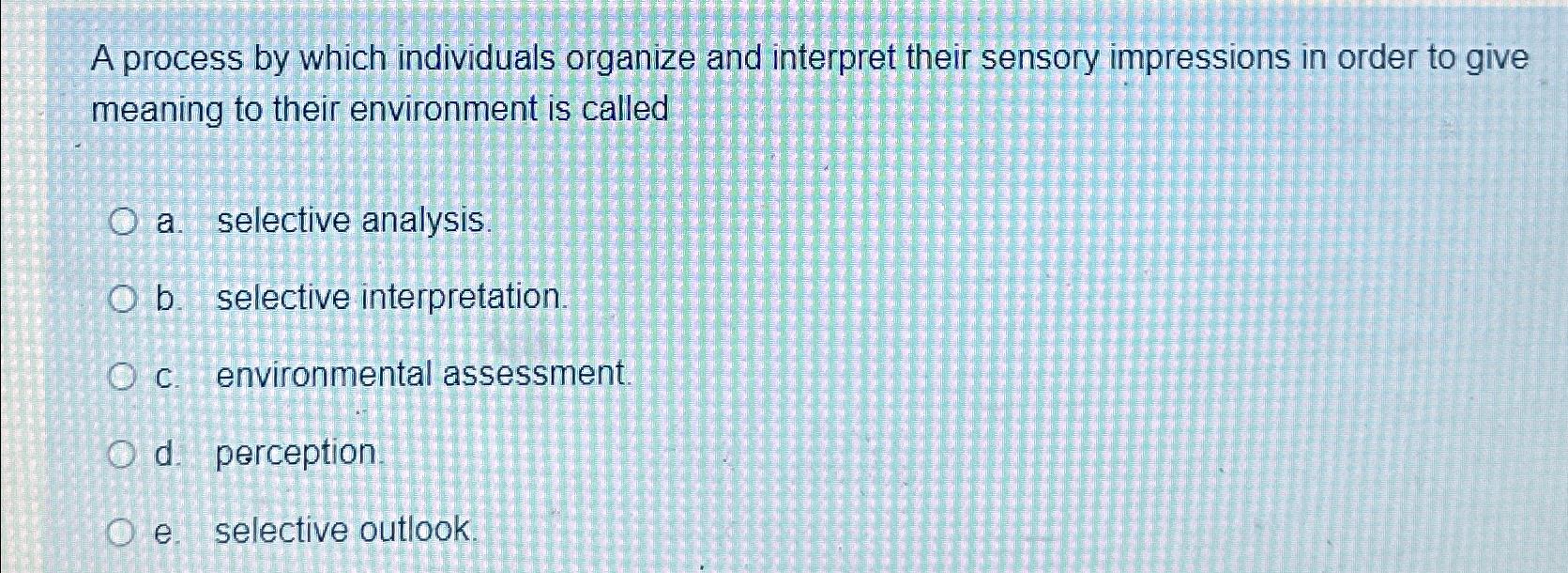  A process by which individuals organize and interpret their sensory impressions