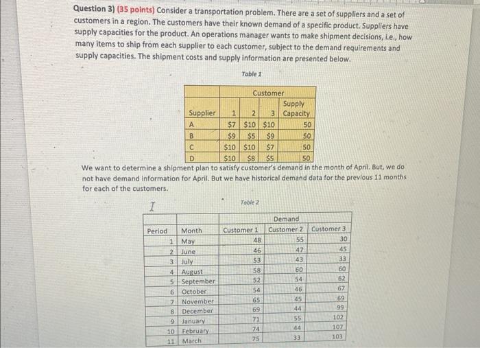  Question 3) ( 35 points) Consider a transportation problem. There are