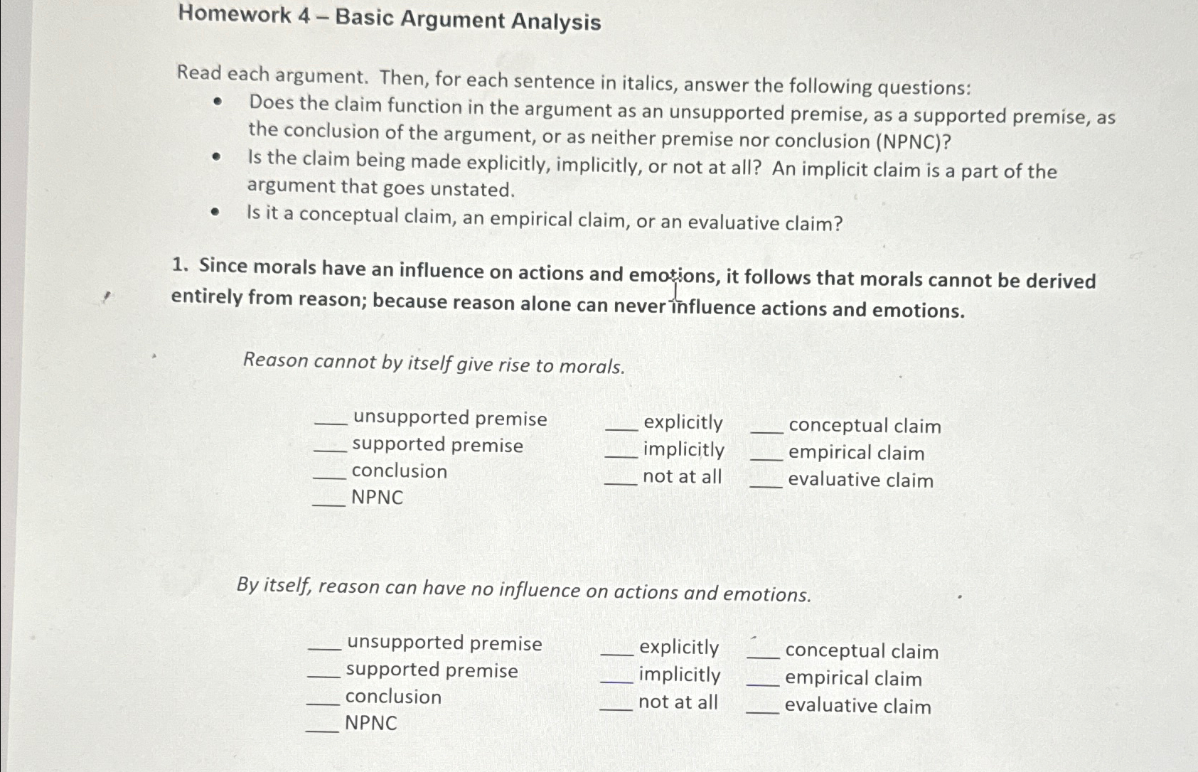  Homework 4-Basic Argument Analysis Read each argument. Then, for each sentence