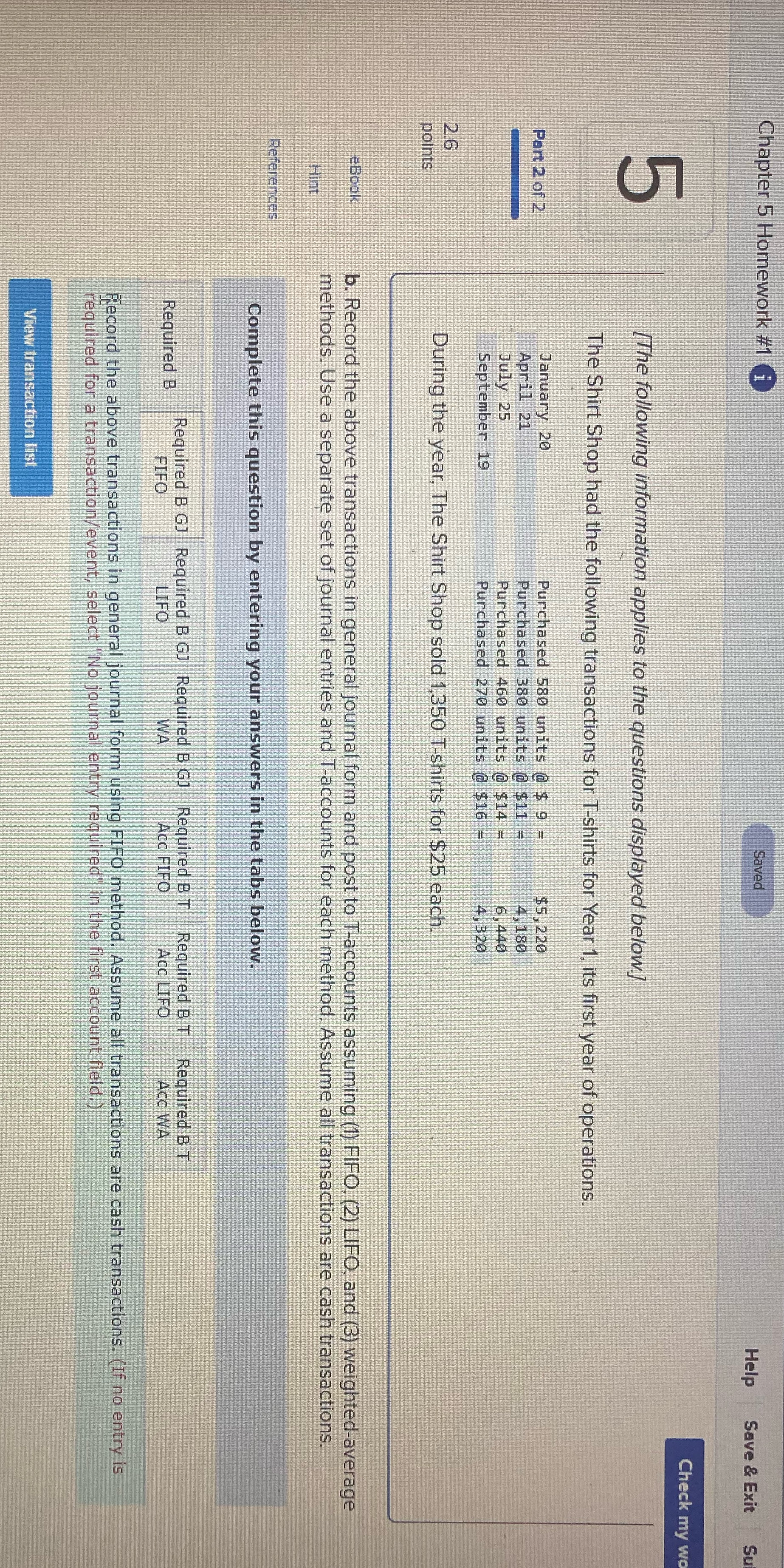  Chapter 5 Homework #1 Saved Help Save & Exit SU Check