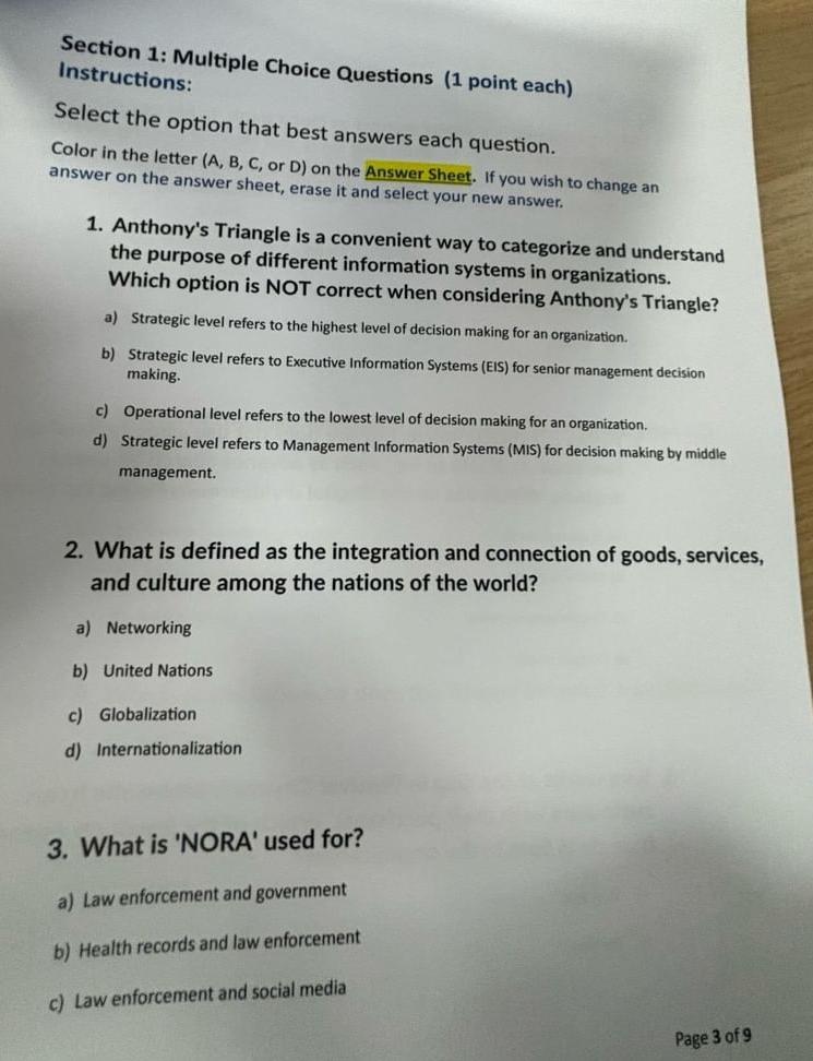  Section 1: Multiple Choice Questions (1 point each) Instructions: Select the