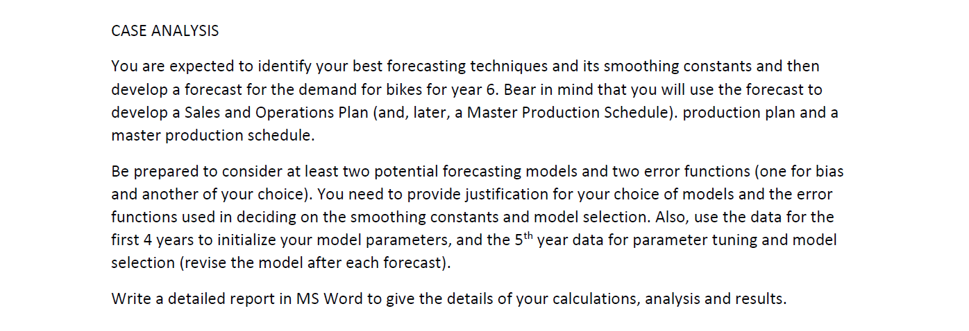  CASE ANALYSIS You are expected to identify your best forecasting techniques