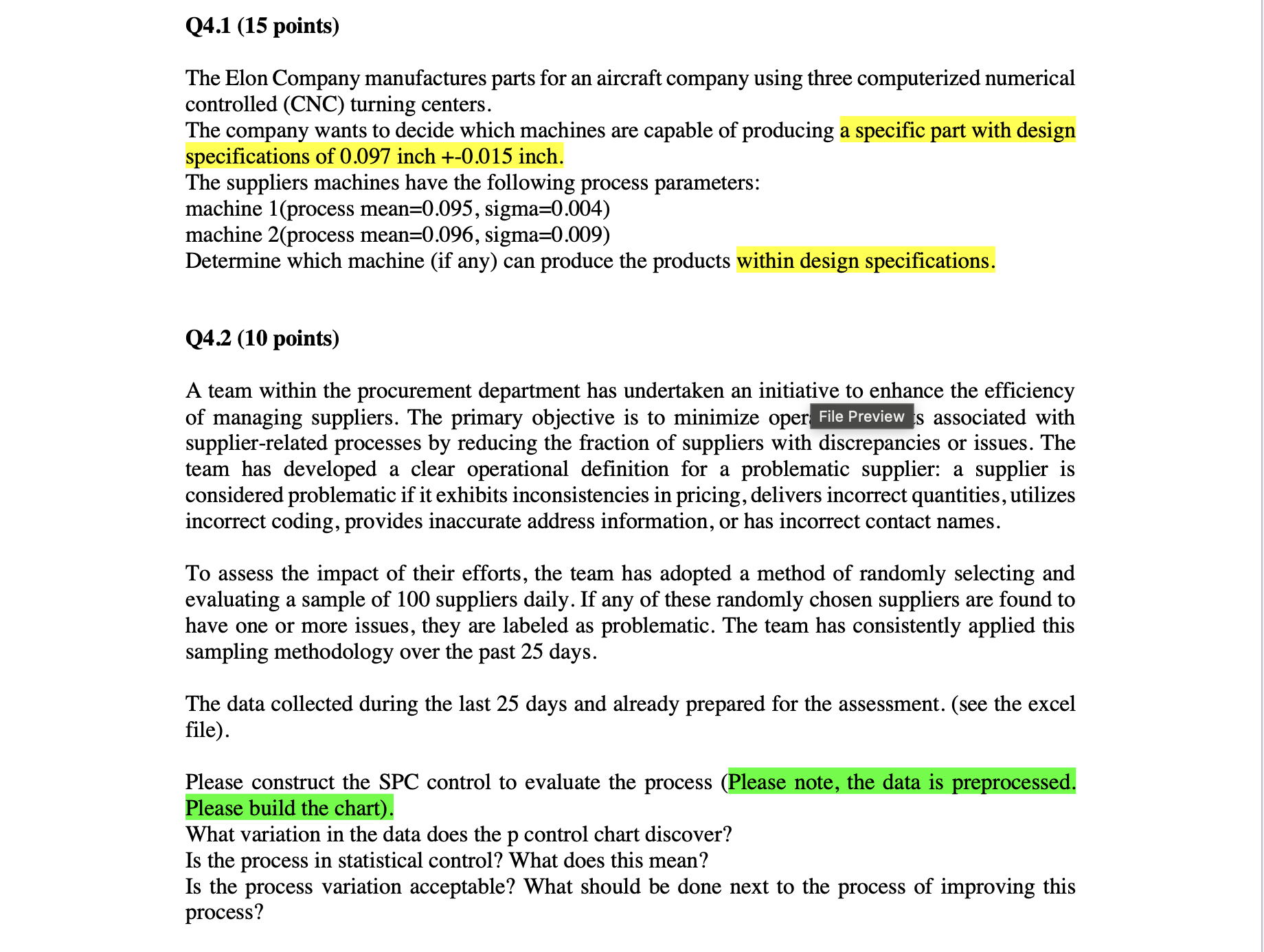  Q4.1(15 points) The Elon Company manufactures parts for an aircraft company