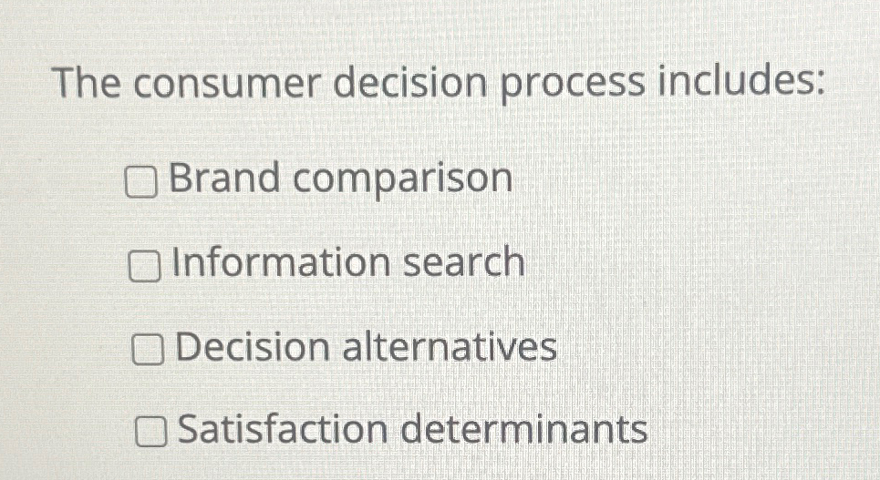  The consumer decision process includes: Brand comparison Information search Decision alternatives
