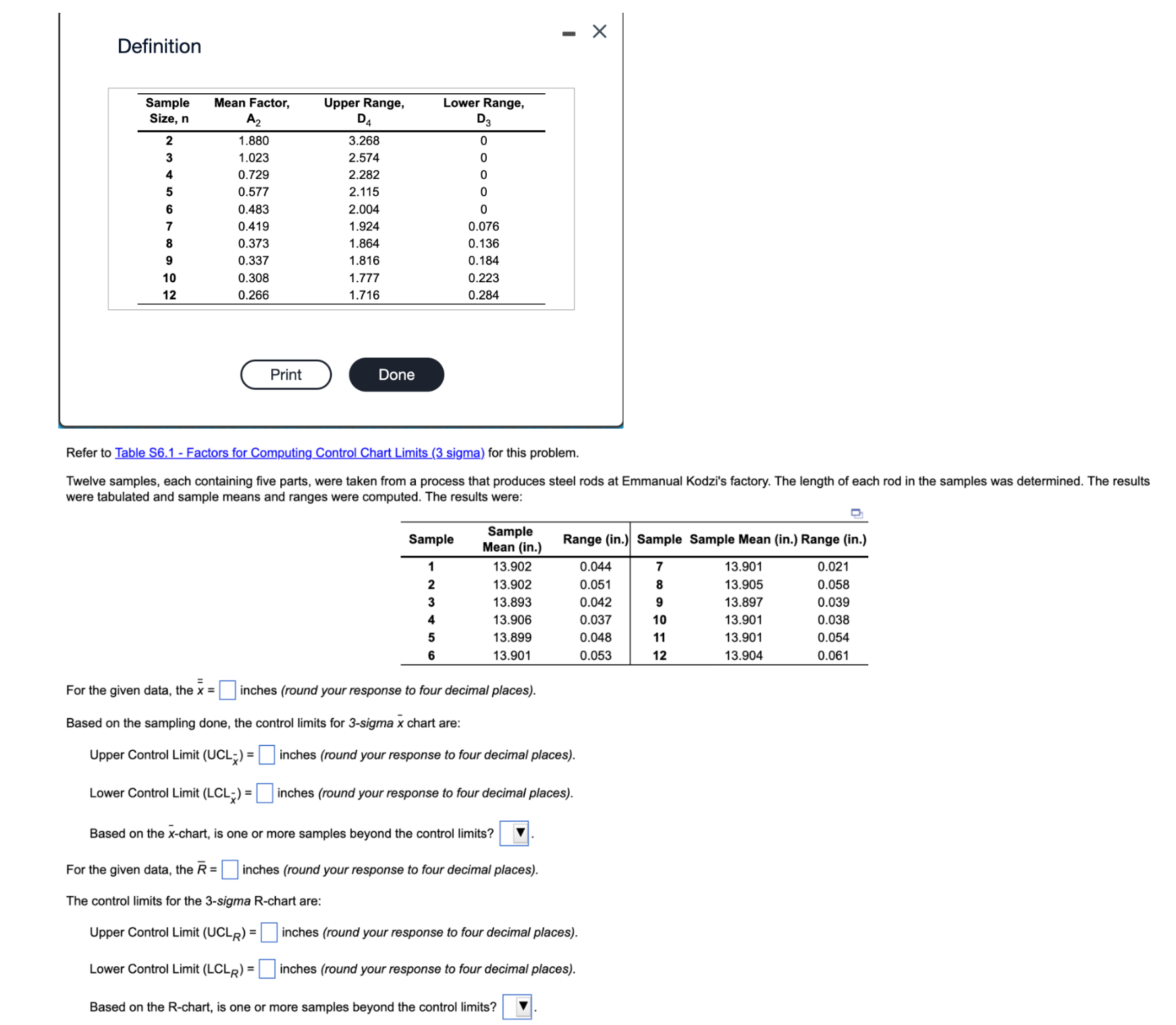  Definition Refer to Table S6.1 - Factors for Computing Control Chart