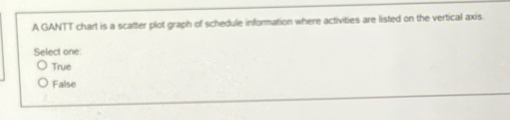  A GANTT chart is a scatler plot graph of schedule information