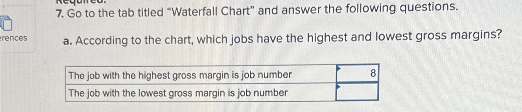  Go to the tab titled "Waterfall Chart" and answer the following
