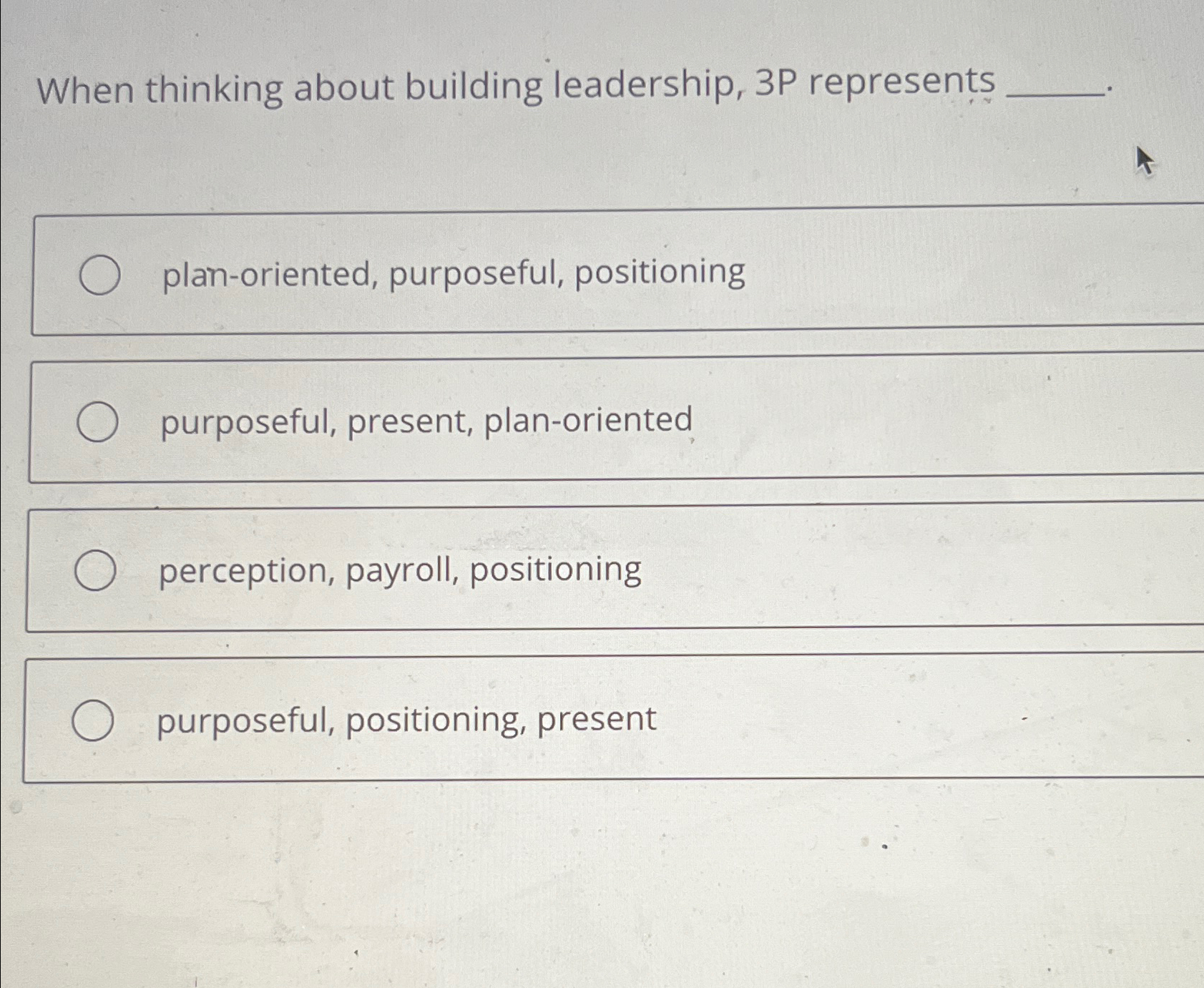 When thinking about building leadership, 3P represents plan-oriented, purposeful, positioning purposeful,