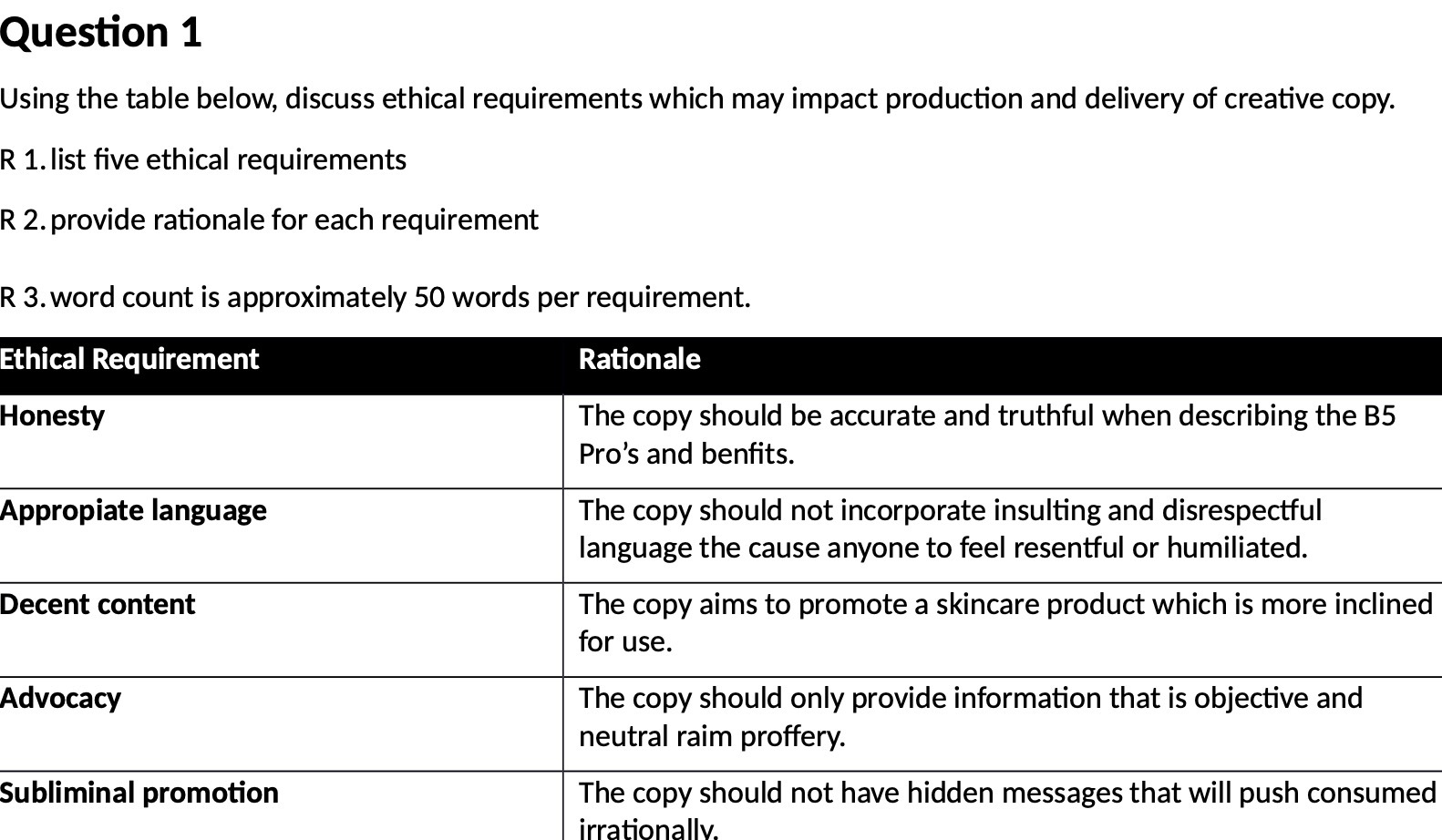 Question 1 Using the table below, discuss ethical requirements which may