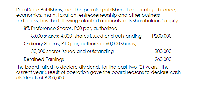 Compute for dividend per share in each case.Case 1 - Non-cumulative and