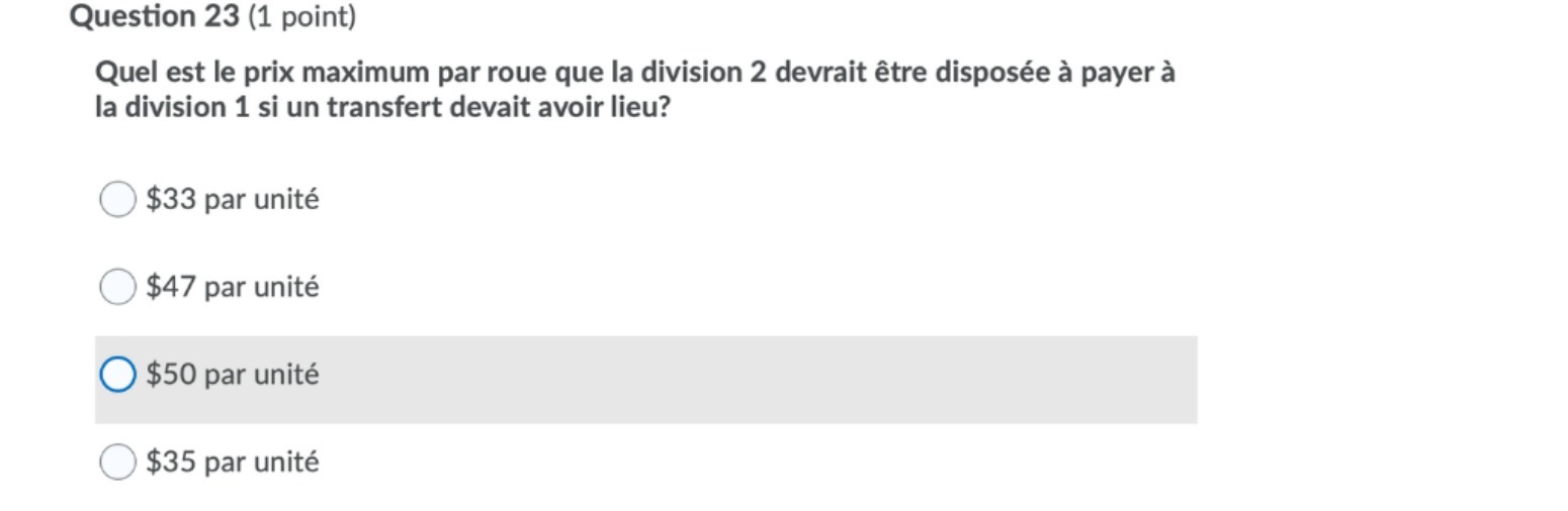  Question 23 (1 point) Quel est le prix maximum par roue