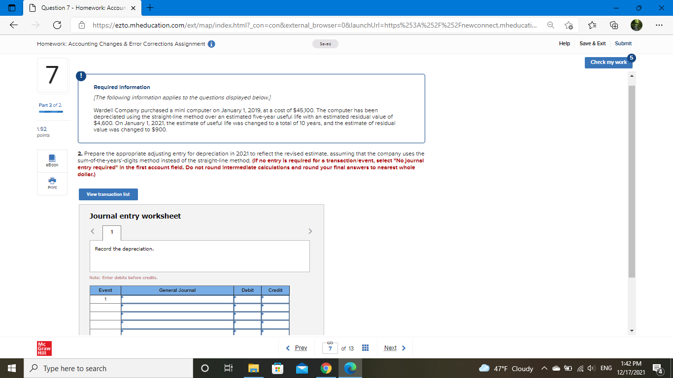  Question 7 - Homework: Account + X C https://ezto.mheducation.com/ext/map/index.html?_con=con&external_browser=08launchUrl=https%253A%252F%252Fnewconnect.mheducati.. Homework: Accounting