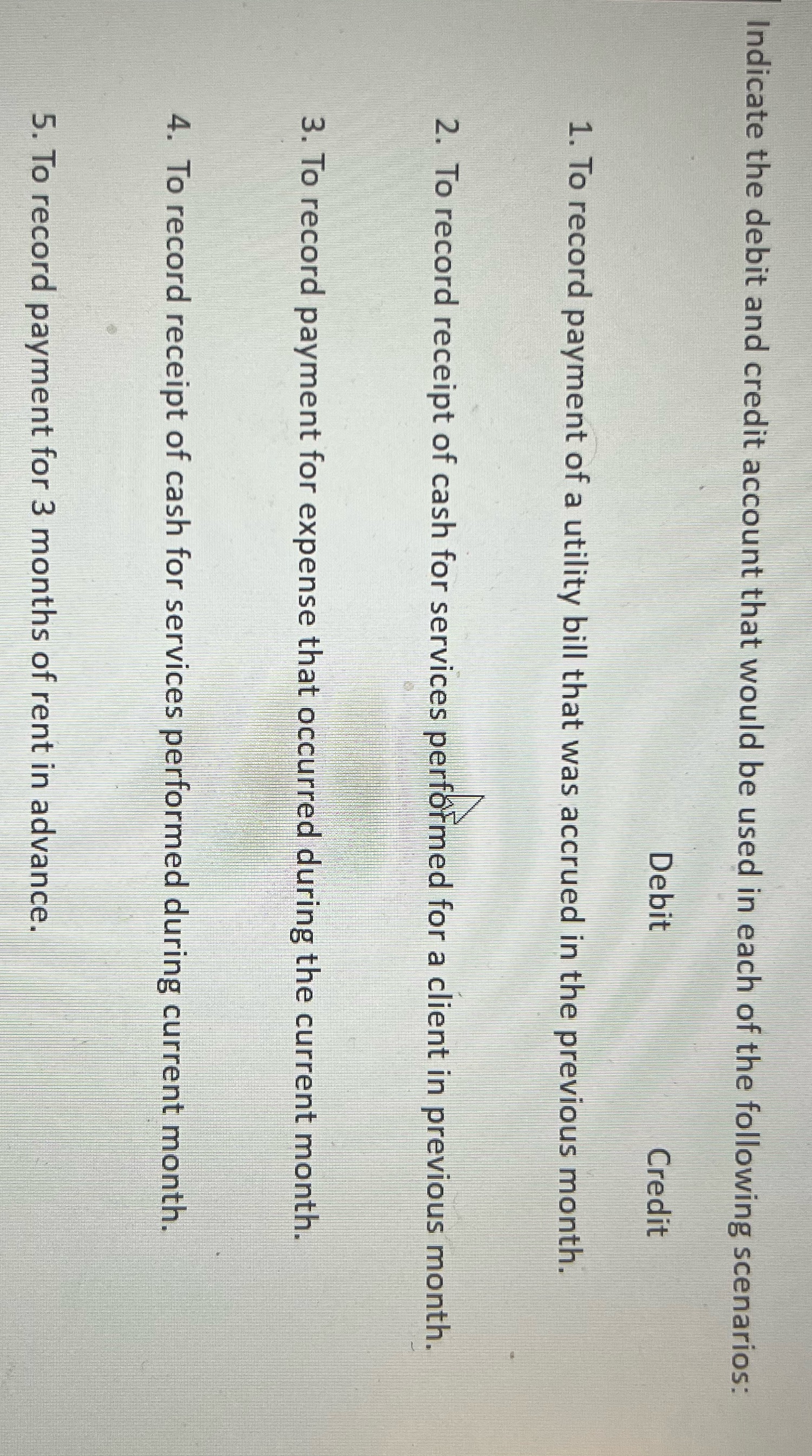 Please answer it correctly Indicate the debit and credit account that would