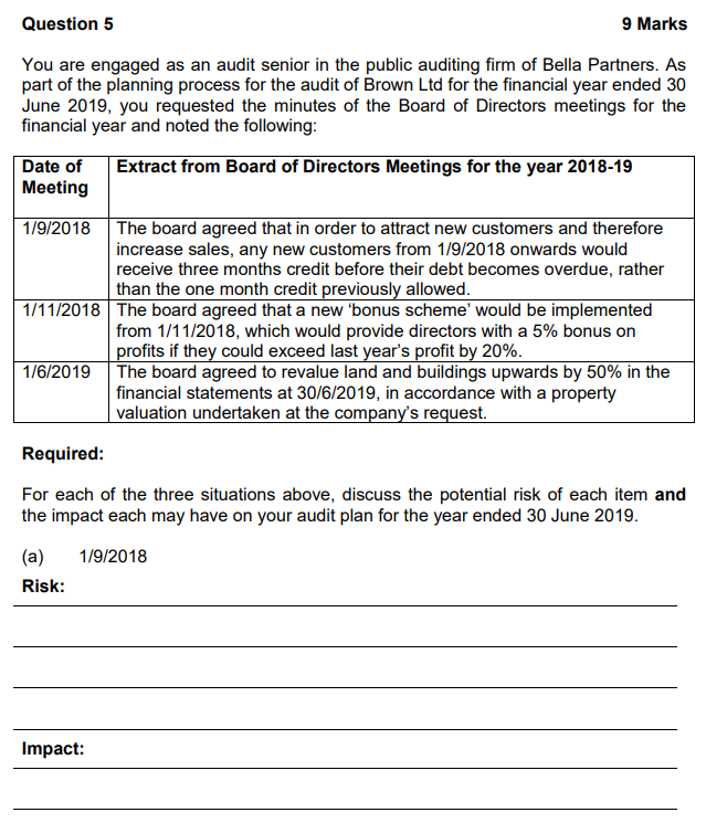 Question 5 9 Marks You are engaged as an audit senior