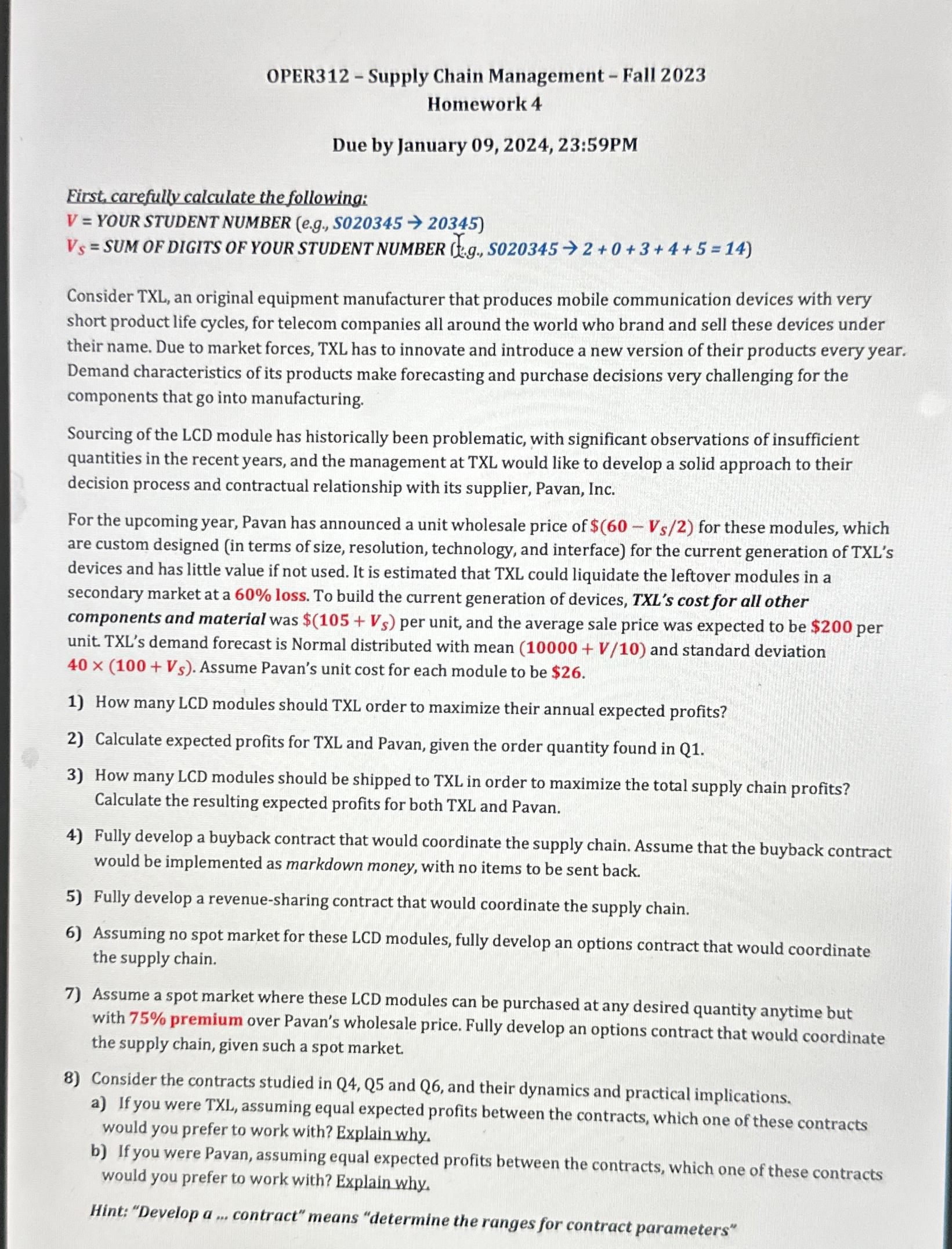  OPER312- Supply Chain Management - Fall 2023 Homework 4 Due by