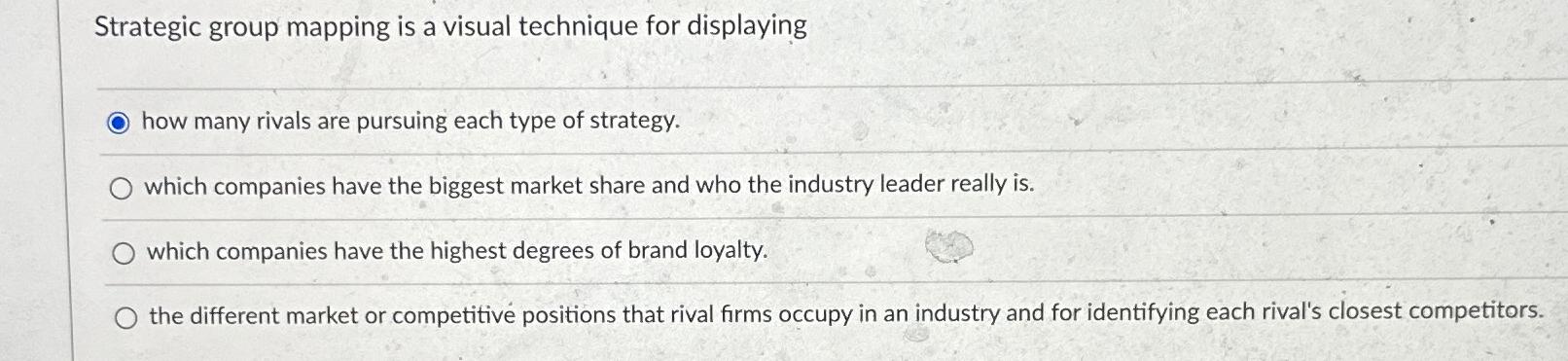  Strategic group mapping is a visual technique for displaying how many