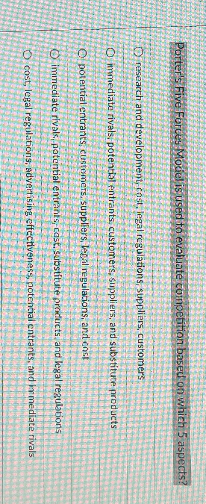  Porter's Five Forces Model is used to evaluate competition based on
