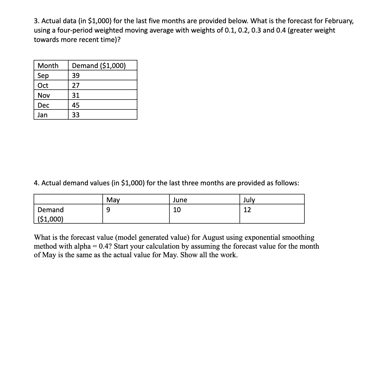  Actual data (in $1,000) for the last five months are provided