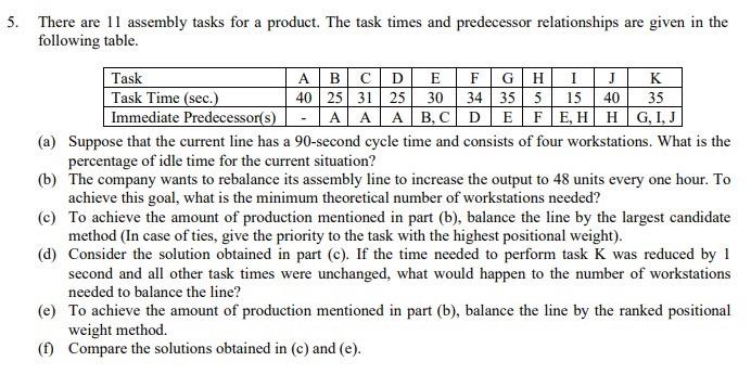  There are 11 assembly tasks for a product. The task times
