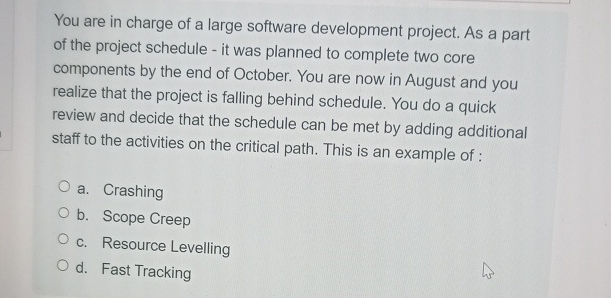  You are in charge of a large software development project. As