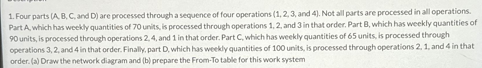  Four parts (A, B, C, and D) are processed through a
