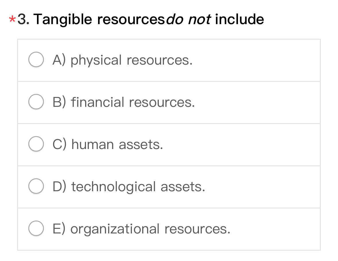 ***3. Tangible resources do not include A) physical resources. B) financial