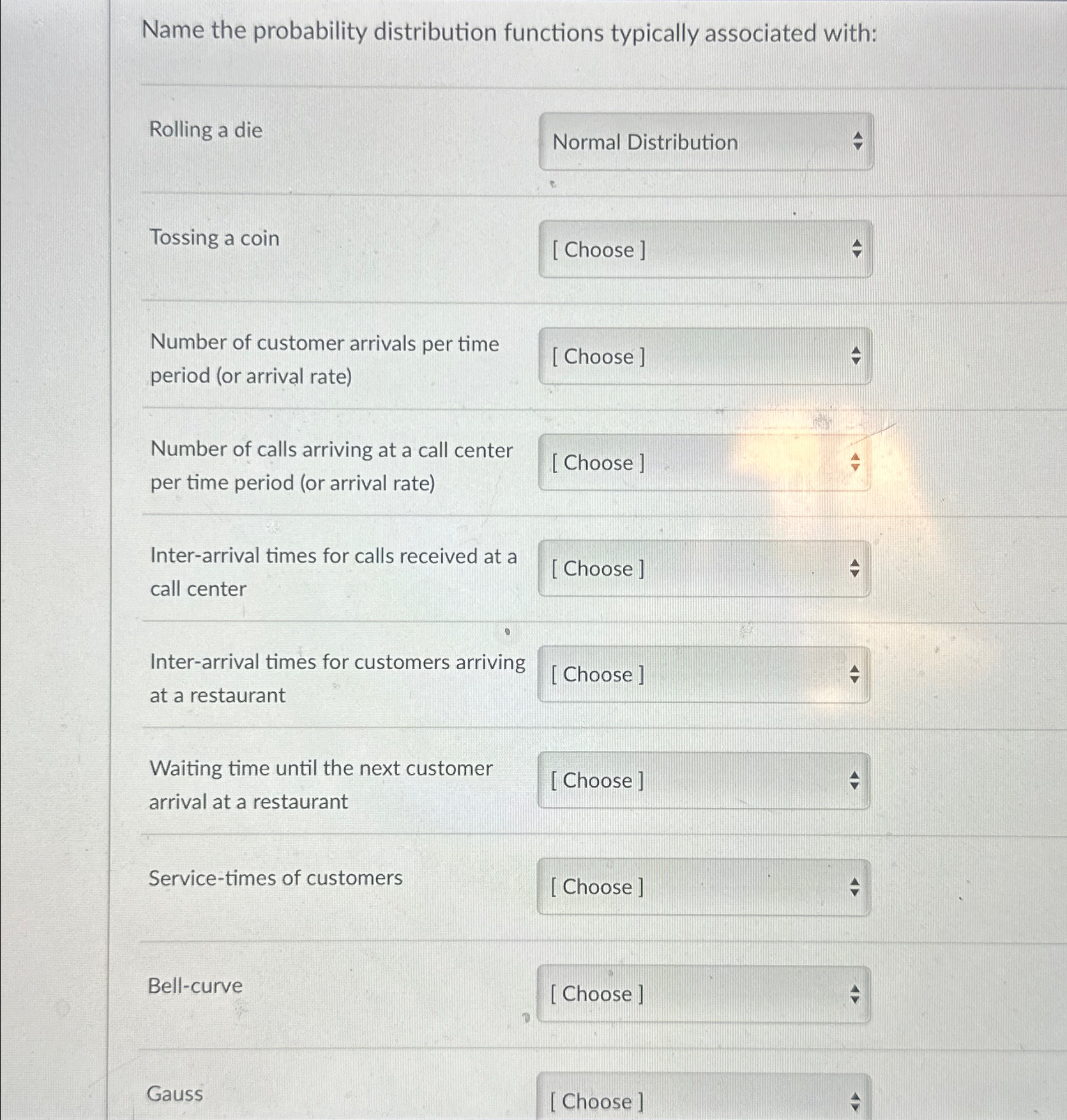  Name the probability distribution functions typically associated with: Rolling a die