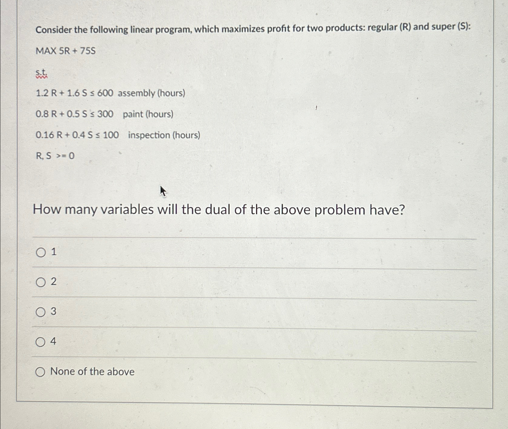  Consider the following linear program, which maximizes profit for two products: