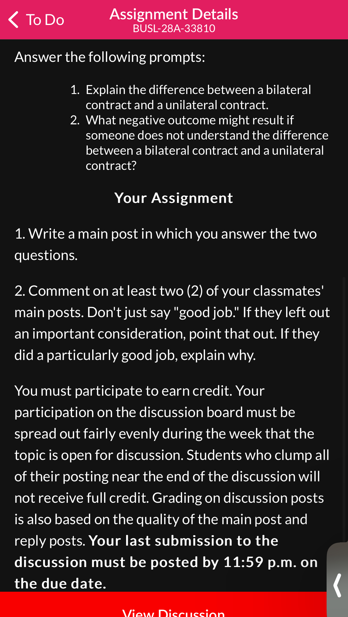  To Do Assignment Details BUSL-28A-33810 Answer the following prompts: Explain the