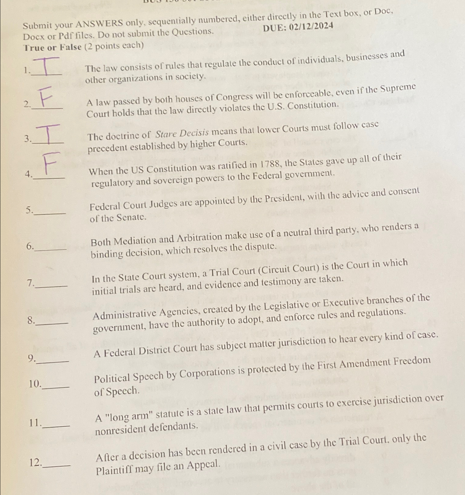  Submit your ANSWERS only, sequentially numbered, either directly in the Text