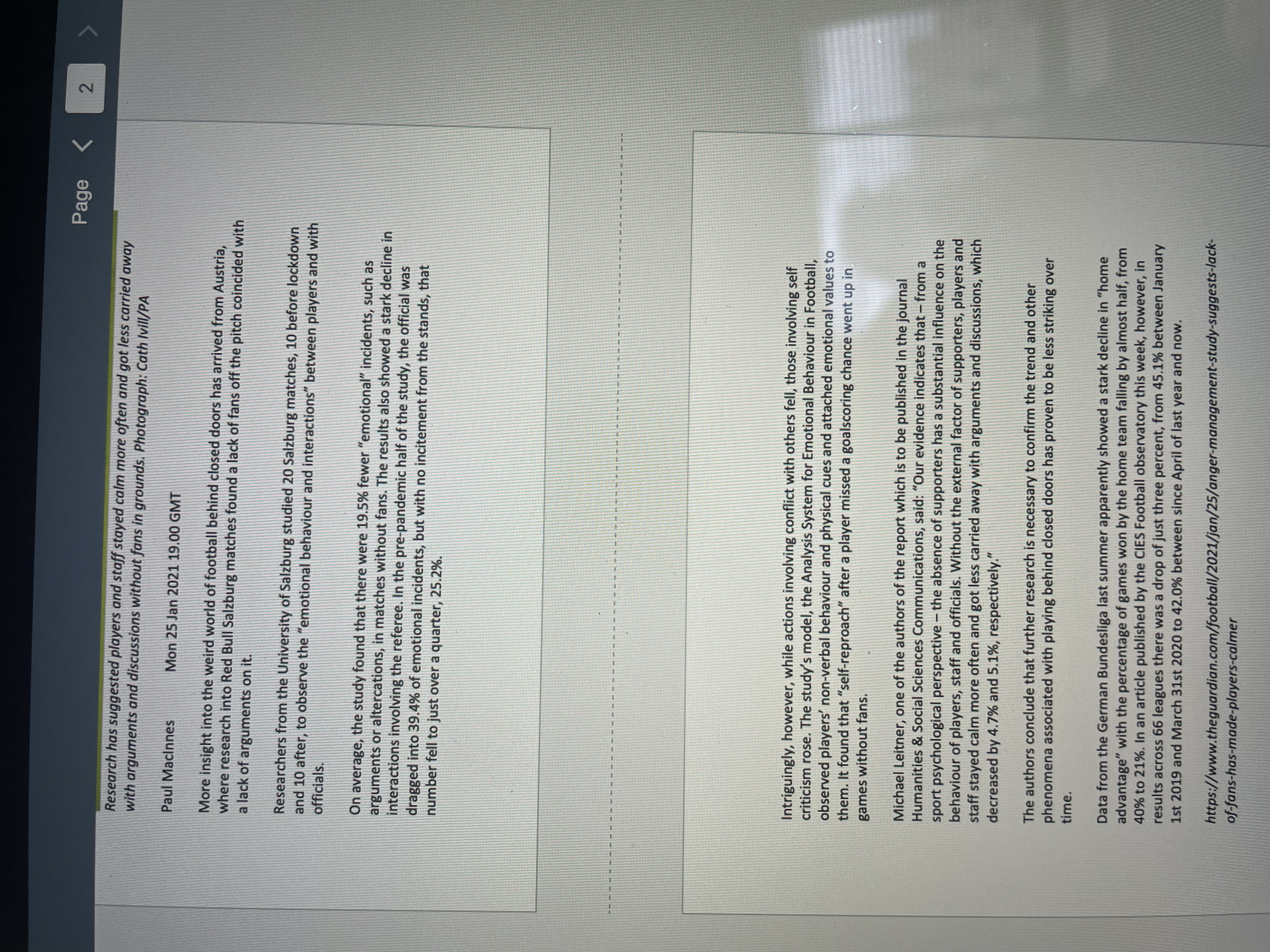 From the attached article on soccer games: Anger management: study suggest lack