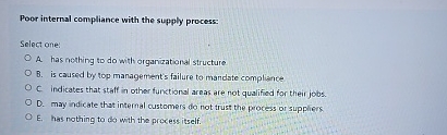  Poor internal compliance with the supply process: Select one: A has