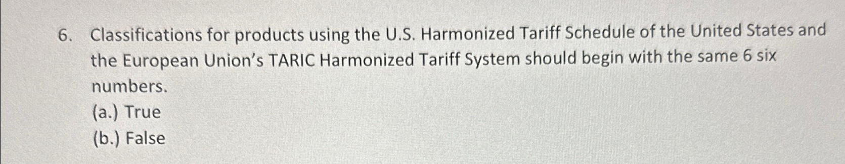  Classifications for products using the U.S. Harmonized Tariff Schedule of the