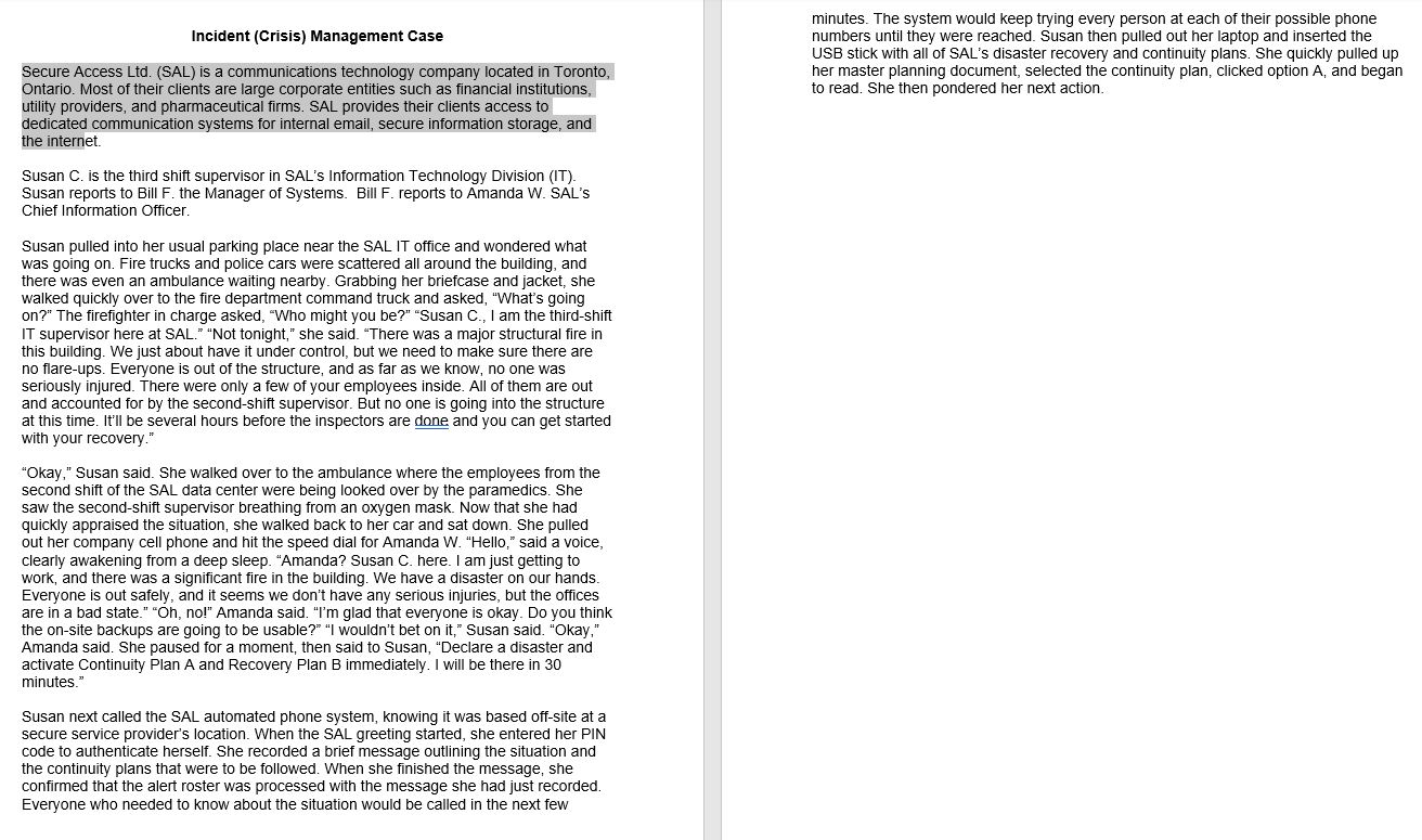  Incident (Crisis) Management Case Secure Access Ltd.(SAL) is a communications technology