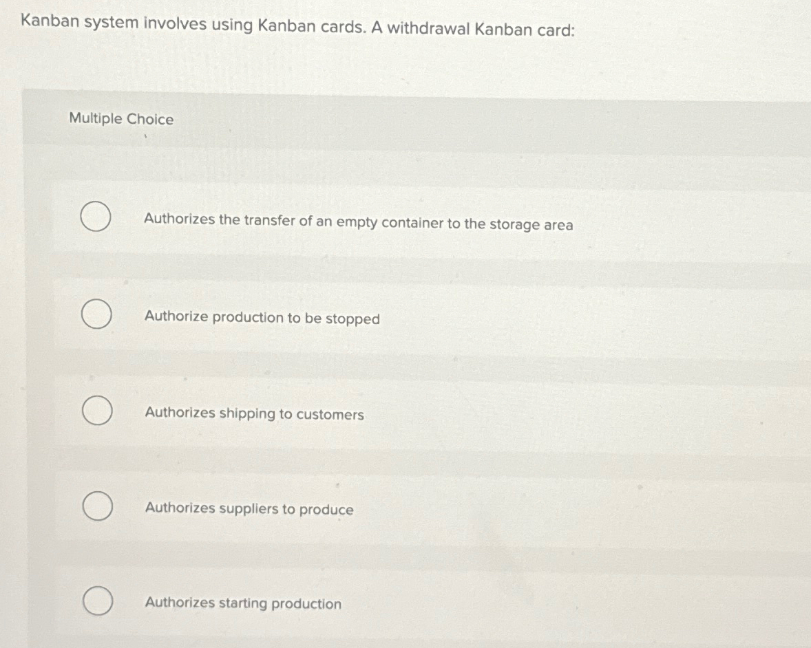  Kanban system involves using Kanban cards. A withdrawal Kanban card: Multiple