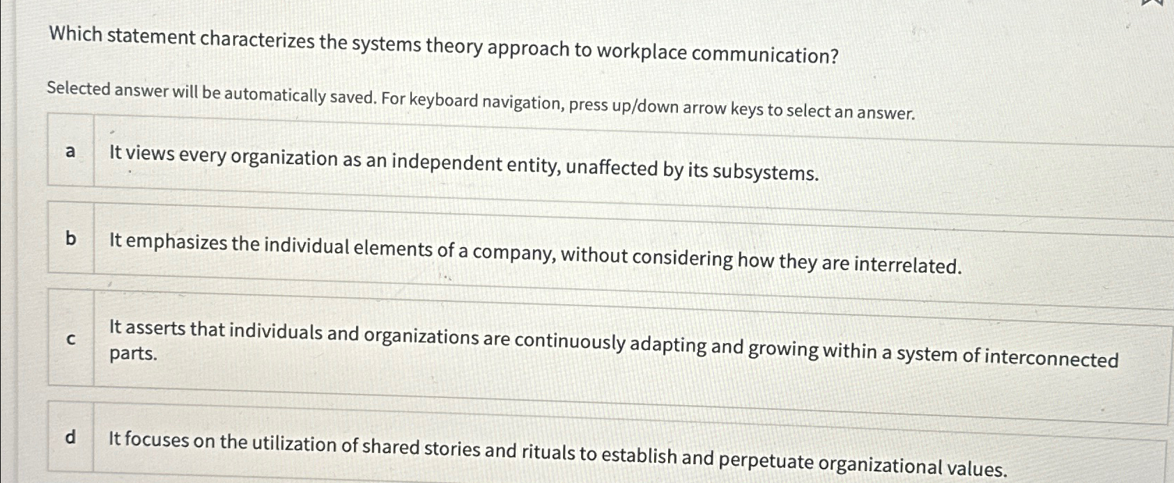  Which statement characterizes the systems theory approach to workplace communication? Selected