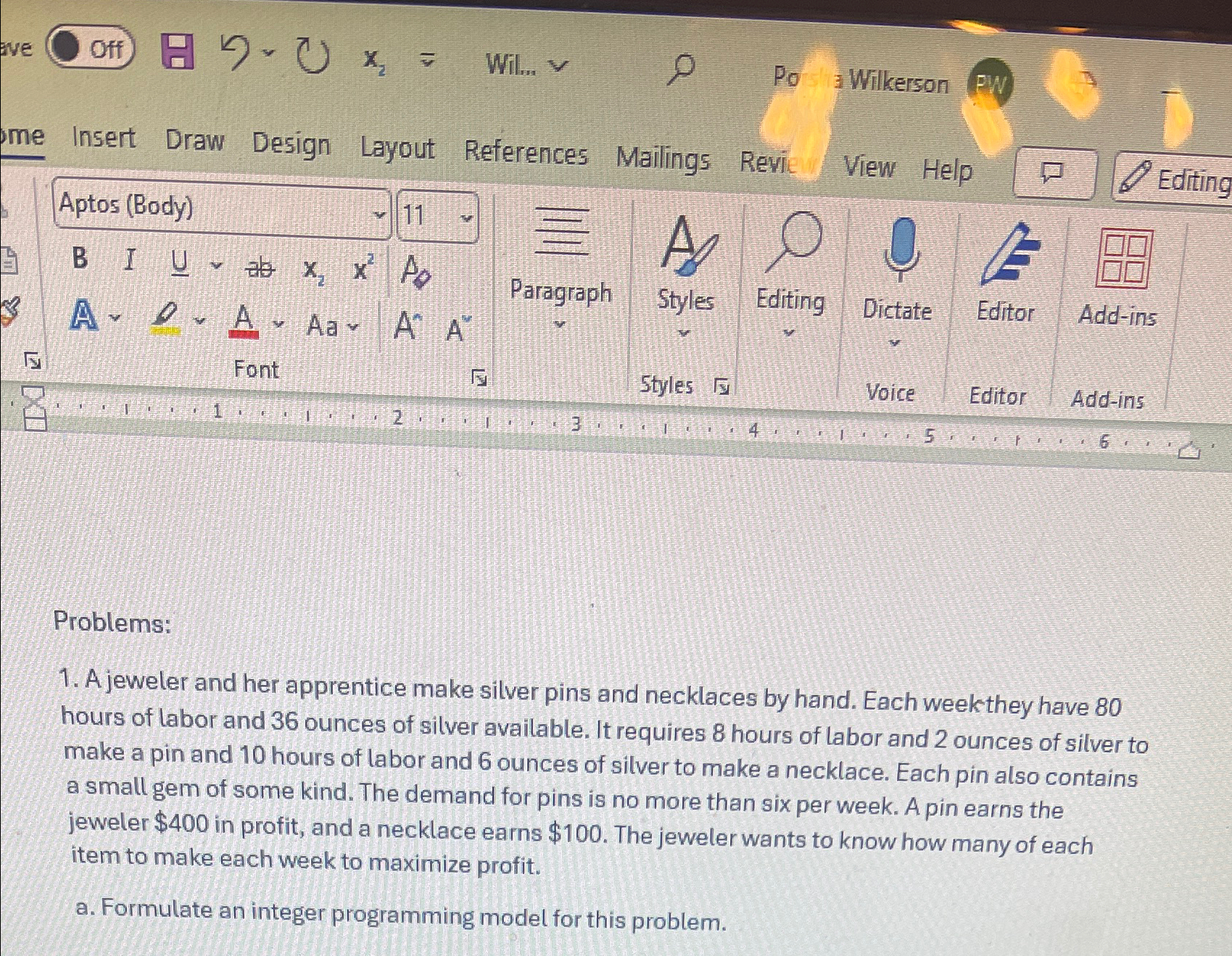  Problems: A jeweler and her apprentice make silver pins and necklaces