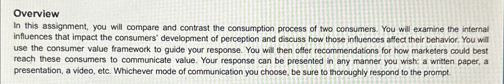  Overview In this assignment, you will compare and contrast the consumption