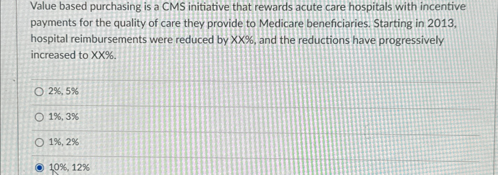  Value based purchasing is a CMS initiative that rewards acute care