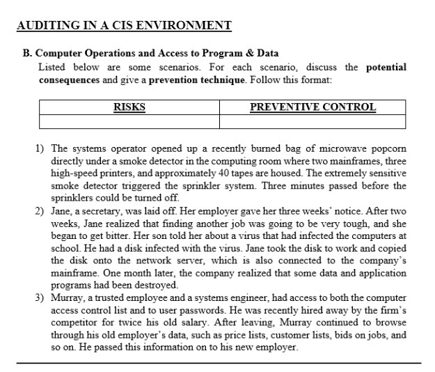  AUDITING IN A CIS ENVIRONMENT B. Computer Operations and Access to