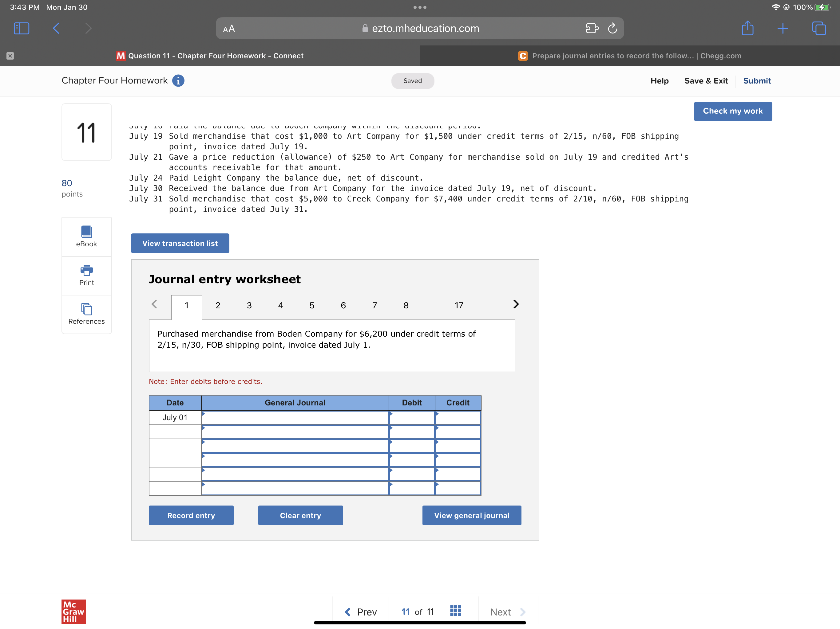 ezto.mheducation.com C + X M Question 11 - Chapter Four Homework -
