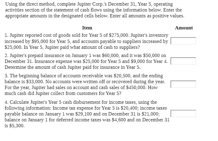 Using the direct method, complete Jupiter Corp.'s December 31, Year 5,