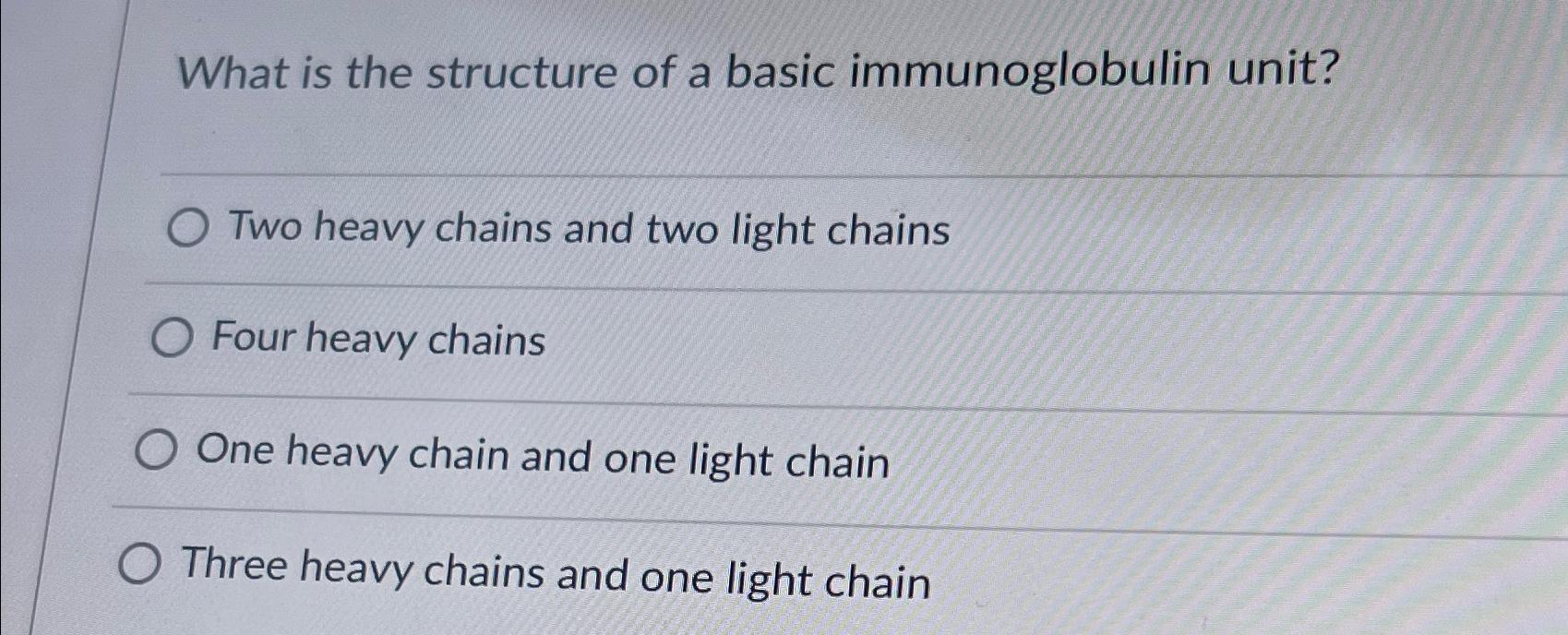 What is the structure of a basic immunoglobulin unit? Two heavy