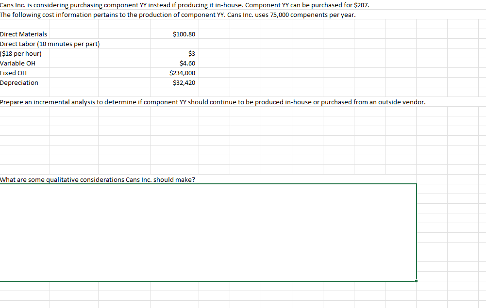 Cans Inc. is considering purchasing component YY instead if producing it