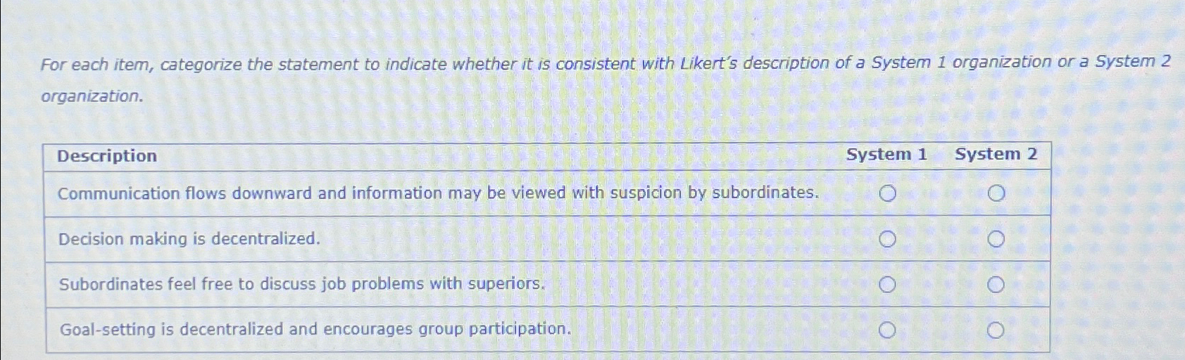  For each item, categorize the statement to indicate whether it is
