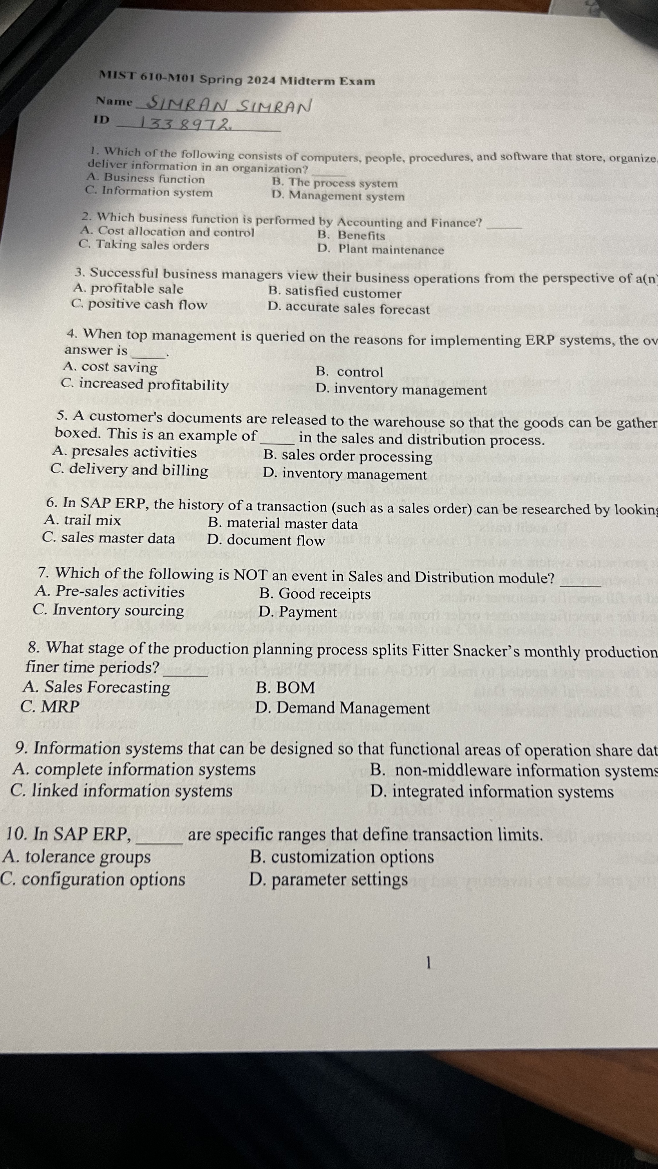  MIST 610-M01 Spring 2024 Midterm Exam Name SIMRAN SIMRAN iD 1338972