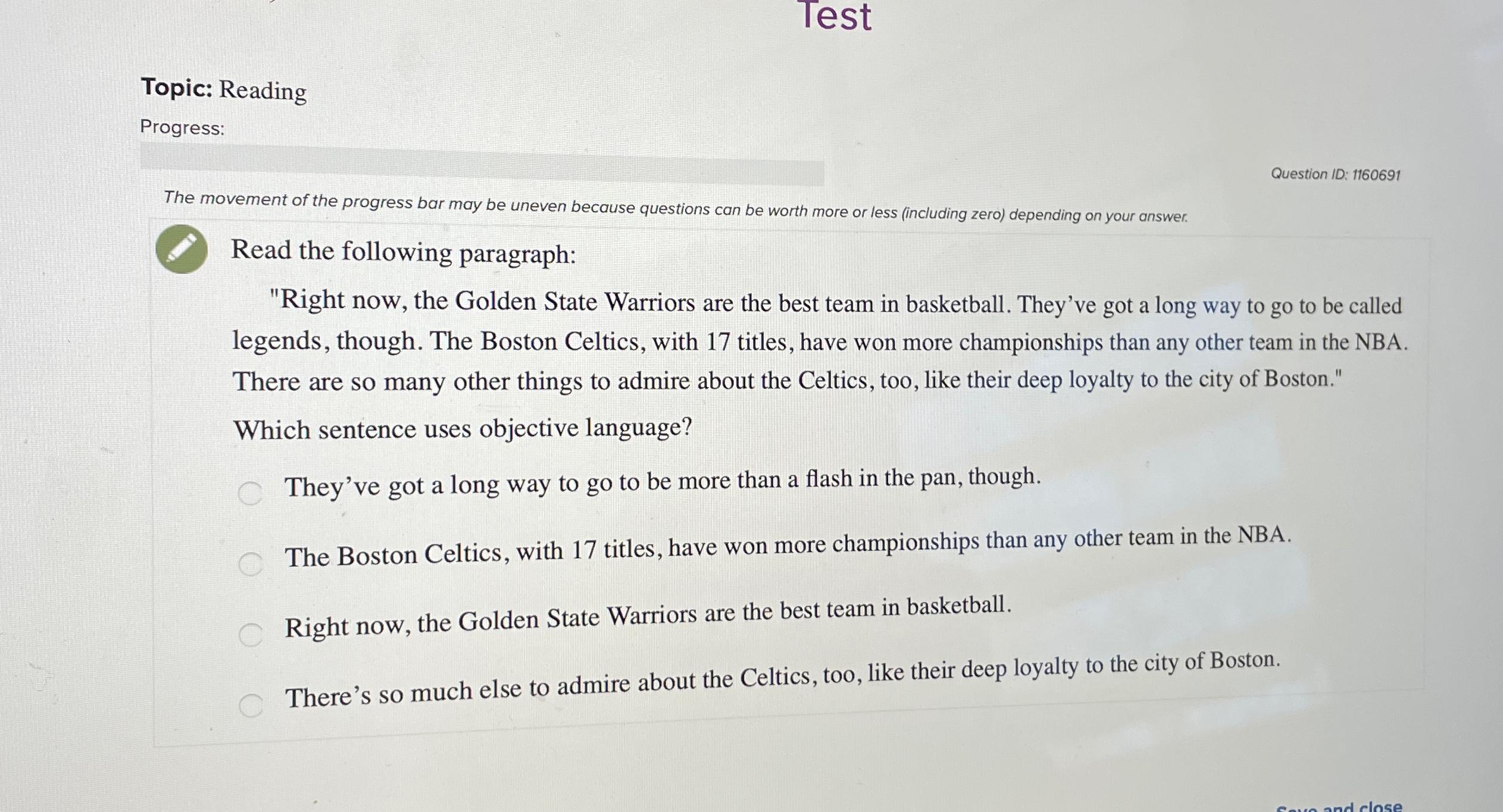  Test Topic: Reading Progress: The movement of the progress bar may