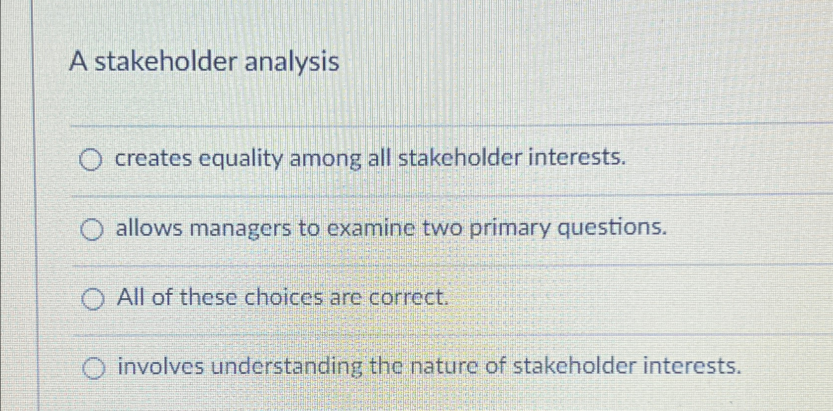 A stakeholder analysis creates equality among all stakeholder interests. allows managers