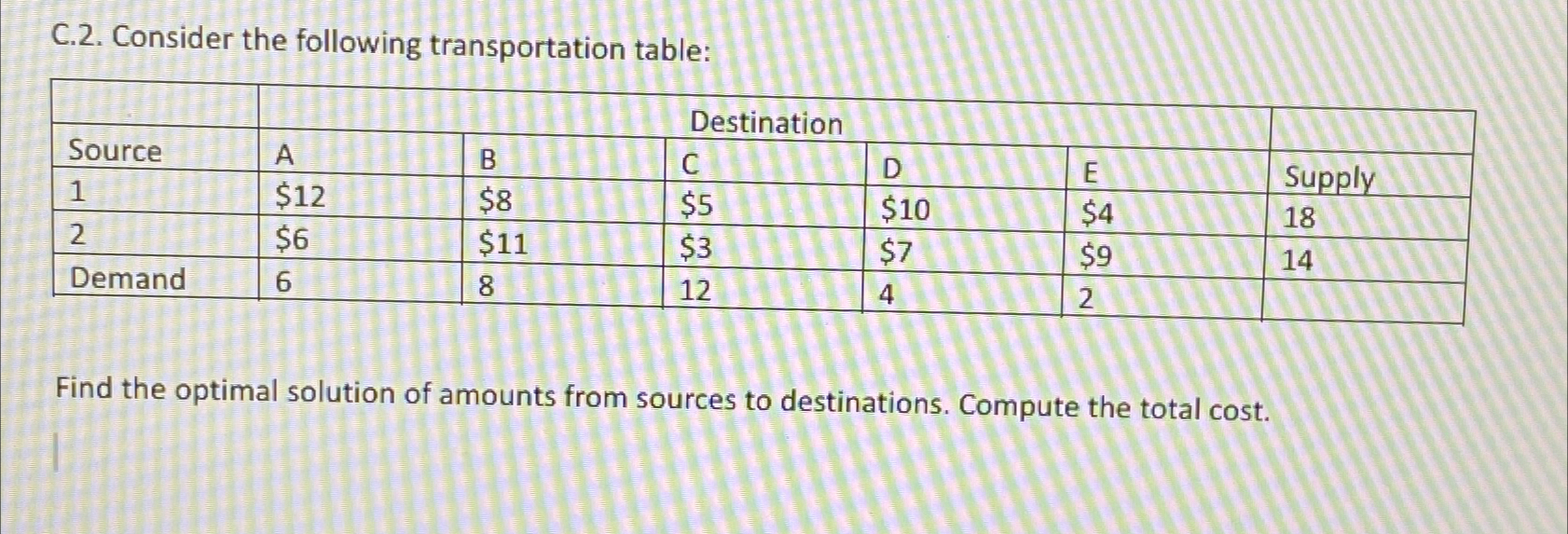  C.2. Consider the following transportation table: \table[[,Destination,],[Source,A,B,C,D,E,Supply],[1,$12,$8,$5,$10,$4,18],[2,$6,$11,$3,$7,$9,14],[Demand,6,8,12,4,2,]] Find the optimal solution